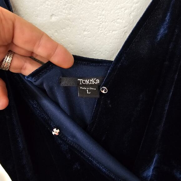 Toxik3 Womens Jumpsuit Large Velvet Y2K Royal Blue Holiday Skinny Fit Catsuit - Picture 4 of 9